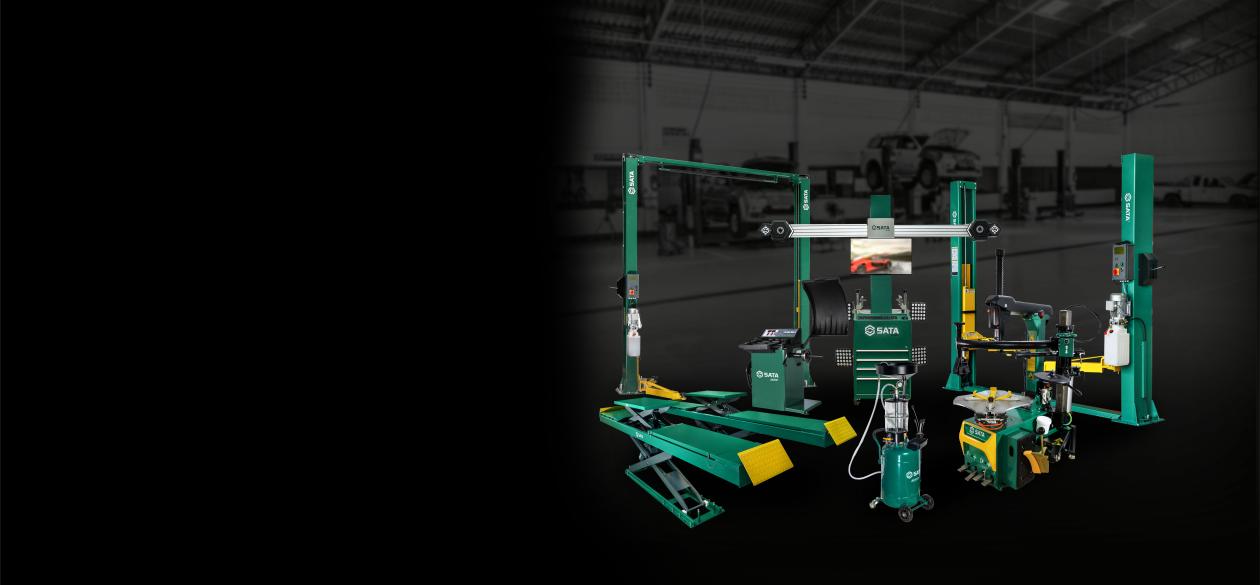 Banner com equipamentos automotivos e fundo de oficina escura