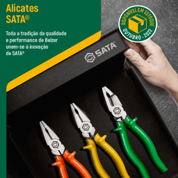 Capa para Catálogo com imagem dos três novos alicates e o texto "Toda a tradição da qualidade e performance de Belzer unem-se à inovação de Sata"