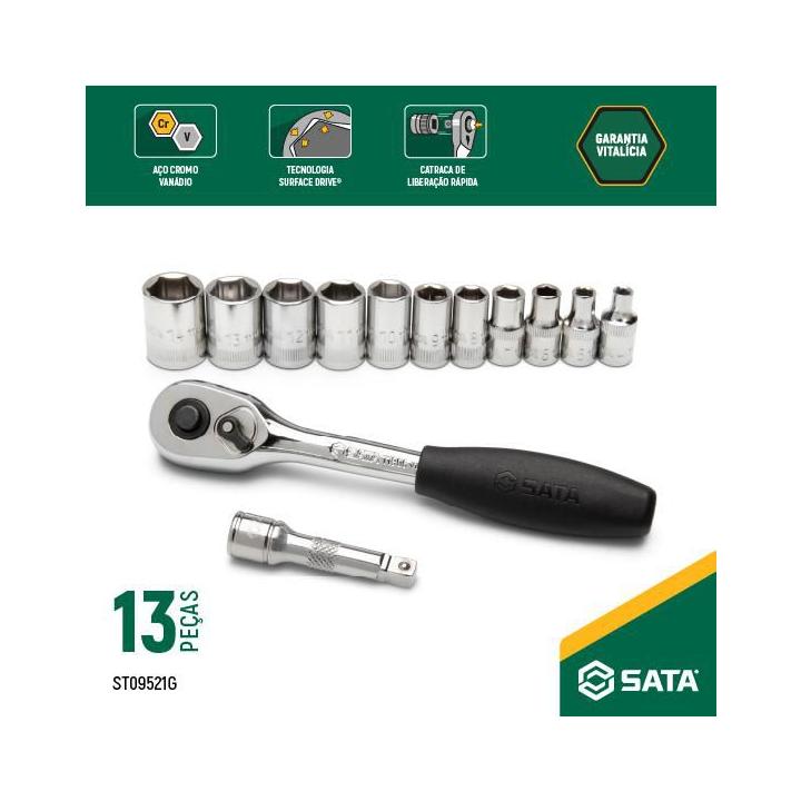 Jogo de Soquetes Sextavado 1/4 polegadas 13 peças SATA - ST09521G
