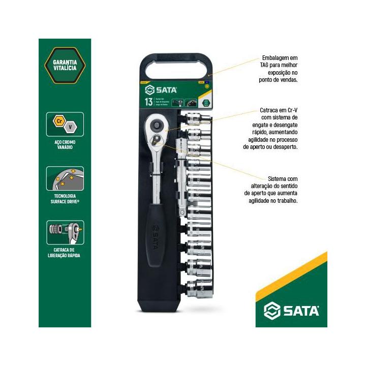 Jogo de Soquetes Sextavado 1/2 pol 13 peças SATA - ST09525G - SATA