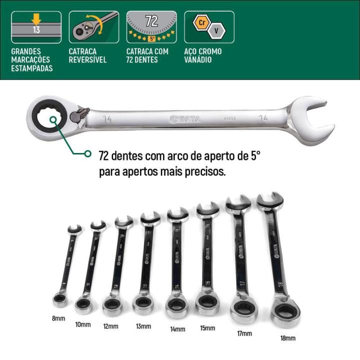 Jogo de Chave Combinada com Catraca Reversível de 8 - 18mm com 8