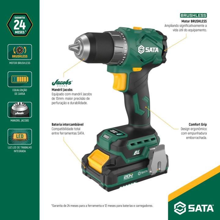 PARAFUSADEIRA/FURADEIRA DE IMPACTO BRUSHLESS À BATERIA 20V SATA